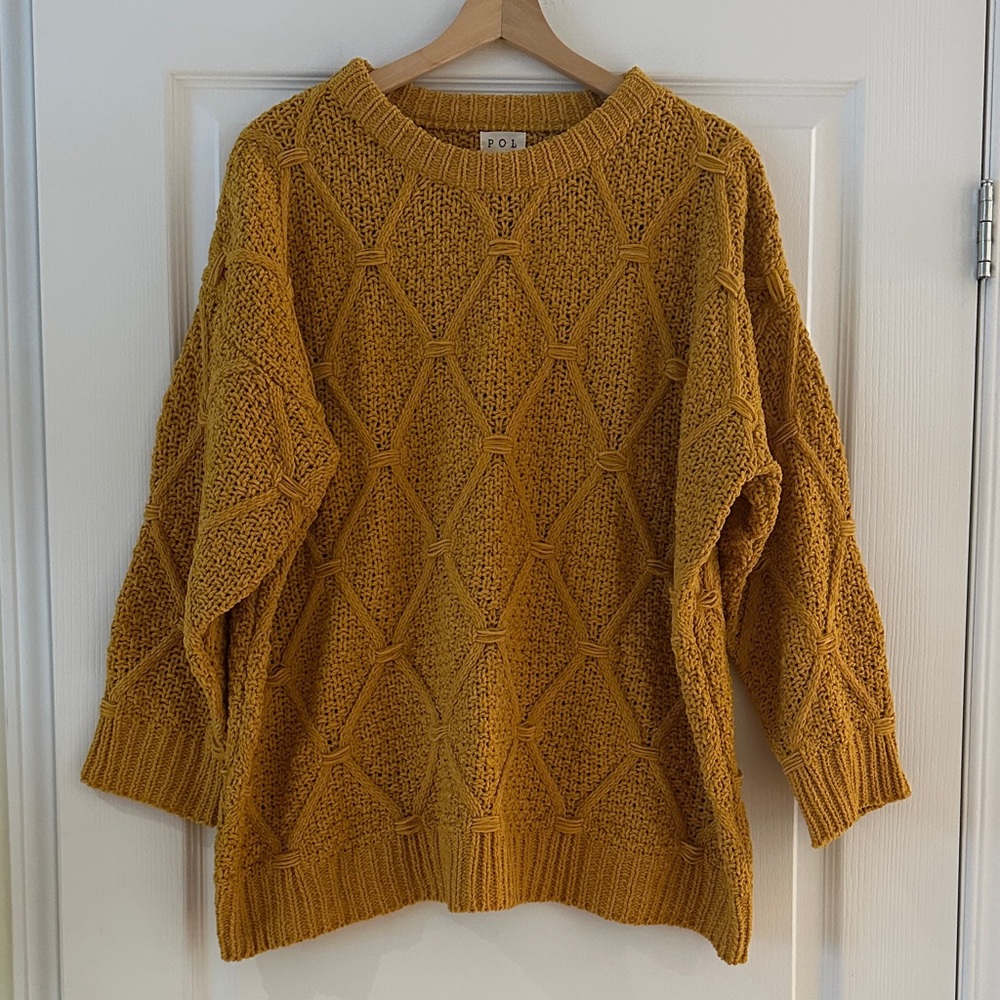 POL Clothing Mustard Yellow Diamond Cable Knit Sweater – Size Small